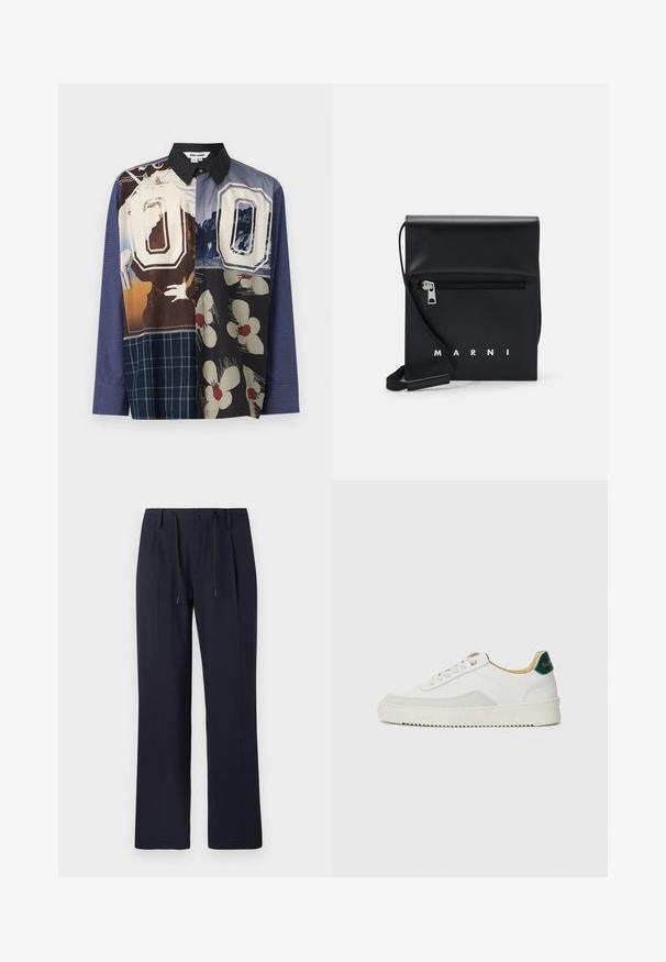 Dažādu krāsu pogājamā krekla ar vairākiem rakstiem, tostarp ziedu un grafiskām apdrukām, melna apkakle un garas piedurknes.; Navy zili bikses ar taisnu kāju dizainu, izgatavotas no strukturēta auduma. Tām ir priekšējā pogas aizdare un regulējama šņorīte vidukļa daļā.; Baltas sneakers ar zamša akcentiem, noapaļota purngala, plakaniem auklām un krēmkrāsas gumijas zoli. Ar zaļu zīmolu uz papēža.; Melnas ādas plecu soma ar rāvējslēdzēja priekšējo kabatu, iepresēto logotipu un regulējamu siksnu. Raita tekstūra ar strukturētu formu.