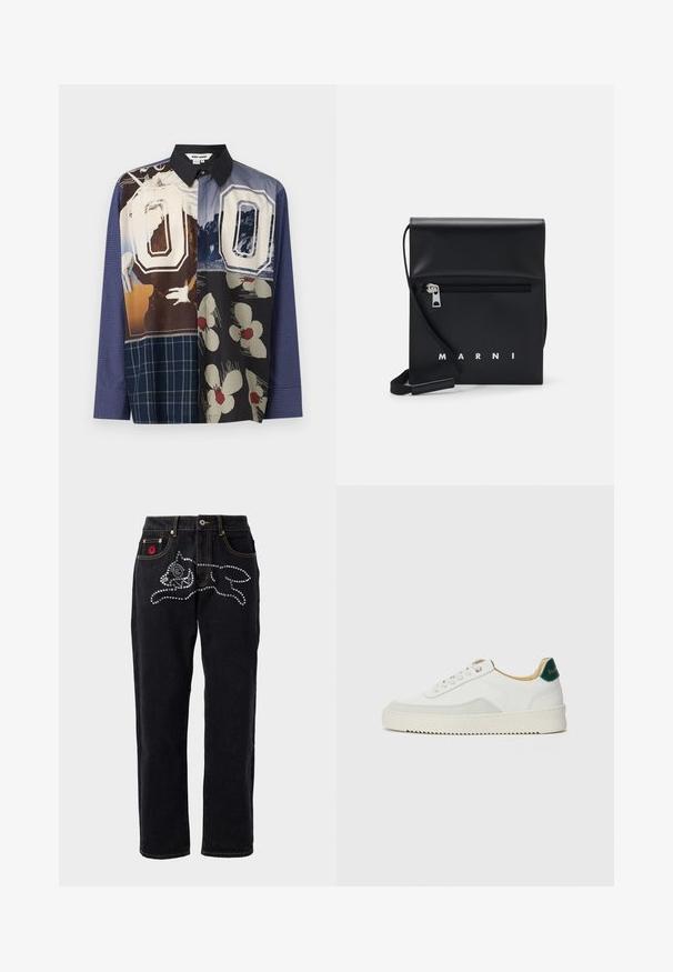 Πολύχρωμο πουκάμισο με κουμπιά που διαθέτει συνδυασμό σχεδίων, συμπεριλαμβανομένων λουλουδάτων και γραφικών εκτυπώσεων, με μαύρο γιακά και μακριά μανίκια.; Μαύρα τζιν παντελόνια με ίσια σχεδίαση, που διαθέτουν ασημί διακοσμητικά σε σχέδιο, αντίθετη ραφή και ετικέτα λογότυπου στην τσέπη.; Λευκά sneakers με σουέτ λεπτομέρειες, στρογγυλή μύτη, επίπεδα κορδόνια και κρέμα από καουτσούκ σόλα. Διαθέτει πράσινη επωνυμία στη φτέρνα.; Μαύρη δερμάτινη τσάντα χιαστί με φερμουάρ στην μπροστινή τσέπη, ανάγλυφο λογότυπο και ρυθμιζόμενο λουρί. Λείος υφάσματος με δομημένο σχήμα.