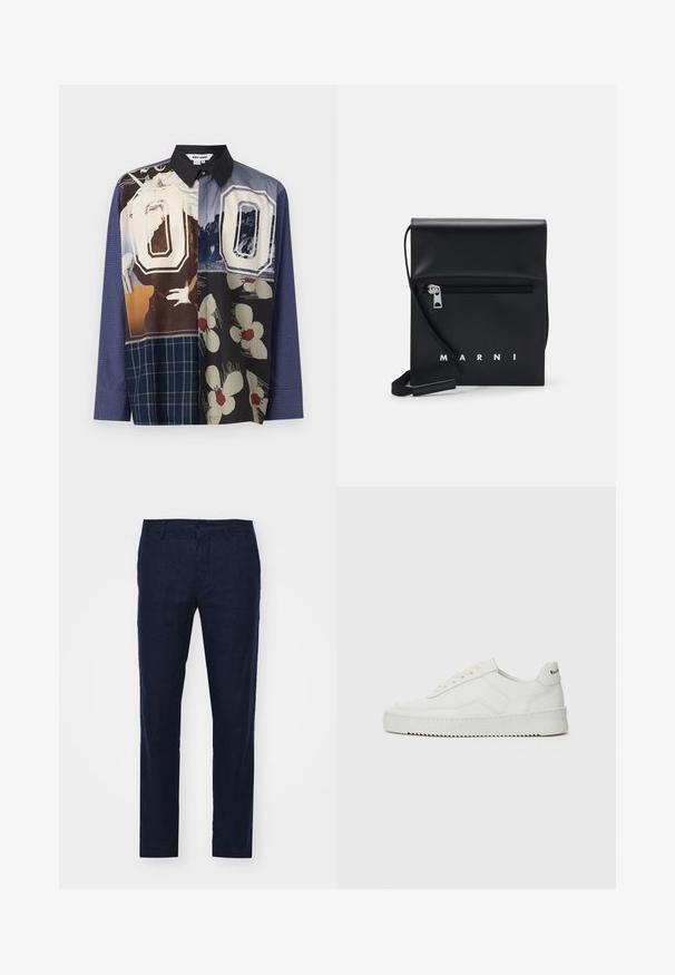 Hedvábná košile s mnoha barvami, na které se prolínají různé vzory, včetně květinových a grafických tisků, s černým límcem a dlouhými rukávy.; NN.07 THEO - Kalhoty - dark blue; Bílé kožené tenisky s hladkým povrchem, kulatou špičkou, plochými tkaničkami a texturovanou podrážkou. Na patě se nachází nenápadné logo.; Černá kožená kabelka přes rameno s přední zipovou kapsou, embosovaným logem a nastavitelným popruhem. Hladký povrch s pevnou strukturou.
