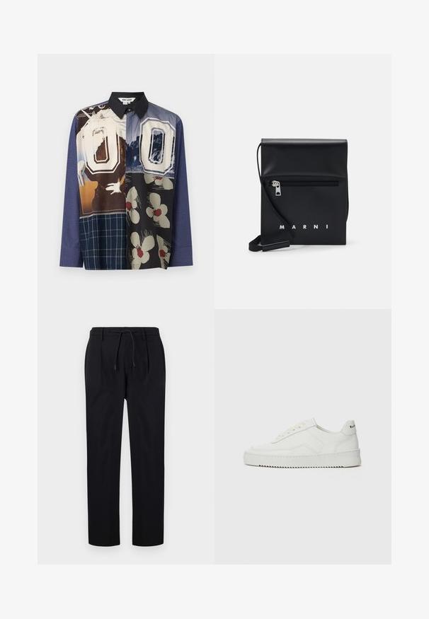 Multicolore overhemd met knoopsluiting met een mix van patronen, waaronder bloemmotieven en grafische prints, met een zwarte kraag en lange mouwen.; Zwarte broek van gladde stof, met een elastische tailleband, rechte pijpen en plooien aan de voorkant voor een gestructureerde uitstraling.; Witte leren sneaker met een gladde afwerking, ronde neus, platte veters en een gestructureerde zool. Kenmerkt zich door een subtiel logo op de hiel.; Zwarte leren schoudertas met een ritsvak aan de voorkant, reliëflogo en verstelbare schouderband. Soepele textuur met een gestructureerde vorm.