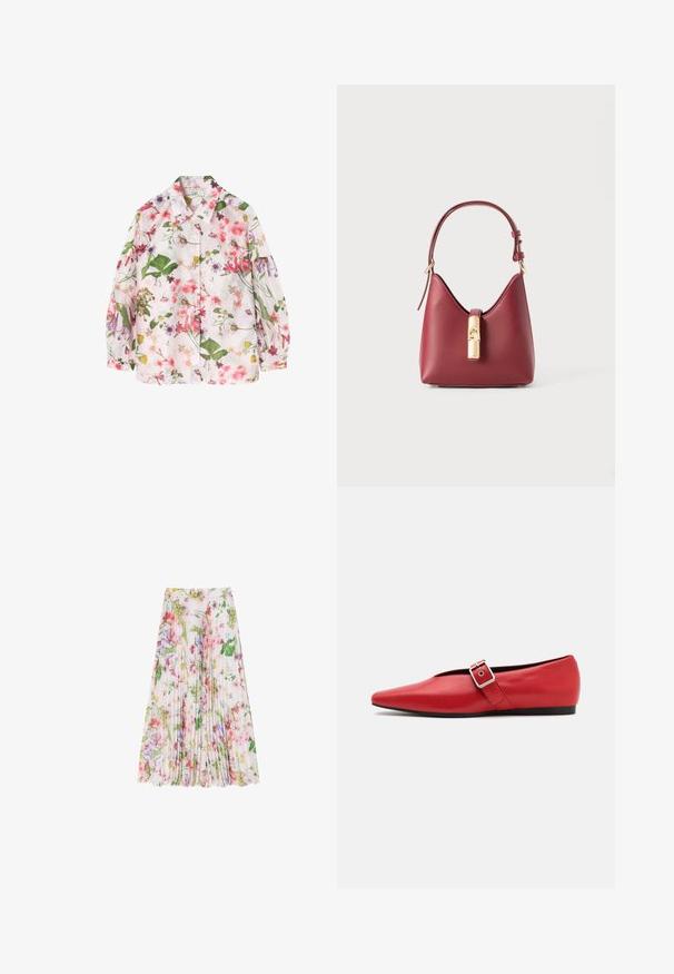 Chemise à motifs floraux avec un fond rose clair, ornée de feuilles vertes et de diverses fleurs colorées. Design à boutons, manches longues.; Jupe plissée florale en tissu léger, avec un mélange de teintes rose, verte et violette. Tombe sous le genou avec une taille froncée.; Ballerine en cuir rouge avec une pointe pointue, comportant une lanière sur le côté avec une boucle en métal et un petit talon noir. Texture lisse sur l'ensemble.; Sac à main en cuir rouge avec une forme courbée distinctive, une bandoulière réglable et un détail de fermoir en métal doré à l'avant. Texture lisse, design minimal.