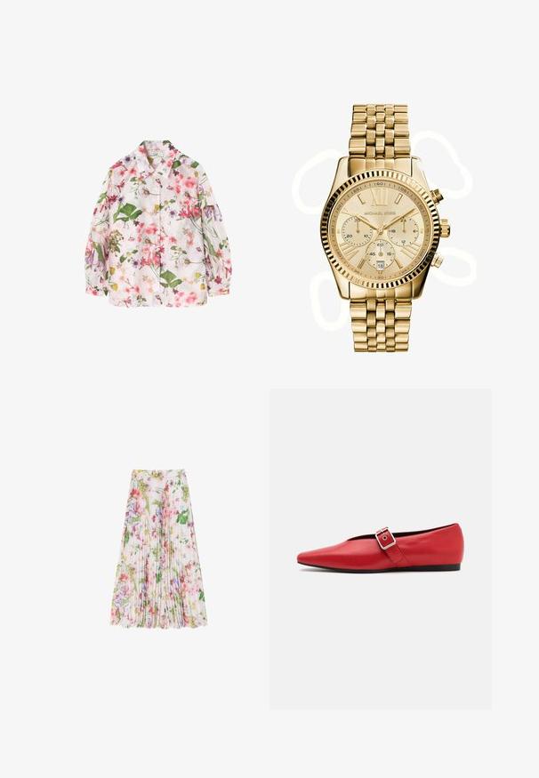 Hemd mit floralem Muster auf hellrosa Hintergrund, das grüne Blätter und verschiedene bunte Blumen zeigt. Mit Knöpfen, lange Ärmel.; Blumenkleid aus leichtem Stoff mit einer Mischung aus rosa, grün und lila Farbtönen. Fällt unter das Knie und hat einen gerafften Taillenbund.; Rote Leder-Ballerina mit einer spitzen Zehe, ausgestattet mit einem Seitenriemen mit einer Metallschnalle und einem niedrigen schwarzen Absatz. Glatte Textur über die gesamte Fläche.; Goldfarbene Michael Kors Uhr mit rundem Gehäuse, Metallarmband, minimalistischem Zifferblatt, drei Teilzifferblättern und Datumsanzeige auf 6 Uhr.