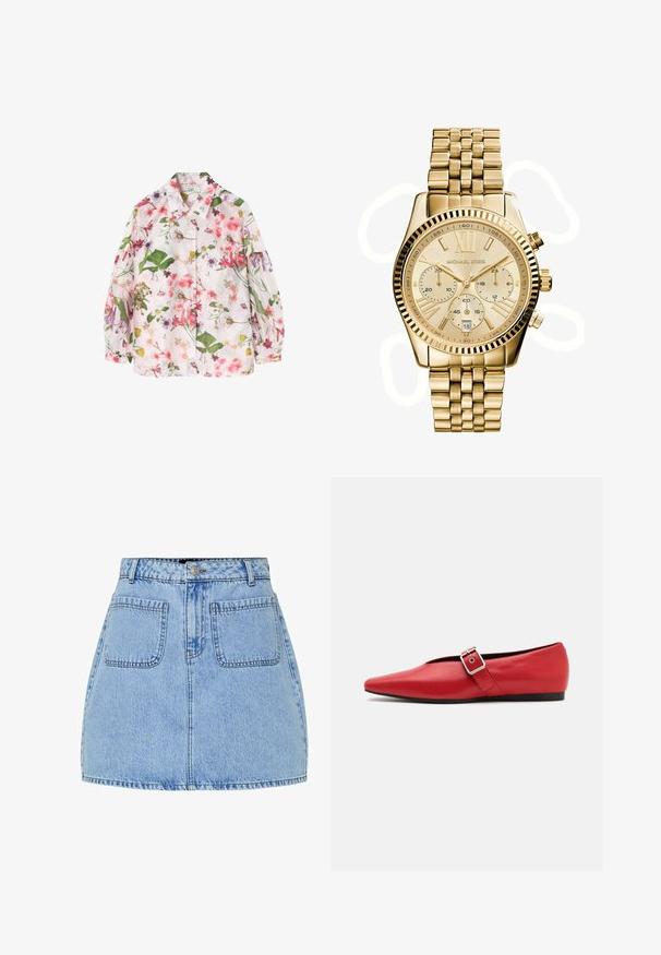 Gėlių rašto marškiniai su šviesiai rožiniu fono, puošti žaliomis lapų ir įvairių spalvų gėlėmis. Su užsegimu, ilgomis rankovėmis.; Šviesiai mėlynas džinsinis mini sijonas su aukštu liemeniu, priekyje užsegamas mygtuku ir dviem užpakalinėmis kišenėmis. Sukurtas su kontrastingais siūlais ir tiesia linija.; Raudoni odiniai butai su smailiu pirštu, turintys šoninius dirželius su metaline sagtimi ir žemu juodu kulnu. Glotni tekstūra visame paviršiuje.; Auksinės spalvos Michael Kors laikrodis su apvaliu korpusu, metaliniu grandinėliu, minimalistiniu ciferblatu, trimis subciferblatais ir datos rodmeniu 6 valandą.