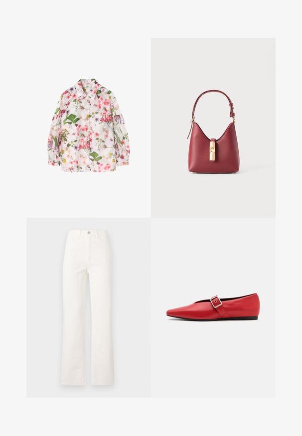 Camisa de patrón floral con un fondo rosa claro, que presenta hojas verdes y diversas flores coloridas. Diseño con botones, de manga larga.; Vaqueros acampanados blancos de mezclilla que presentan sutiles patrones texturizados, un diseño tradicional de cinco bolsillos y un cierre de botón metálico.; Zapato plano de cuero rojo con punta afilada, que presenta una correa lateral con una hebilla de metal y un tacón bajo negro. Textura suave en toda su superficie.; Bolso de mano de cuero rojo con una forma curvada distintiva, correa ajustable y detalle de cierre en tono dorado en la parte delantera. Textura suave, diseño minimalista.