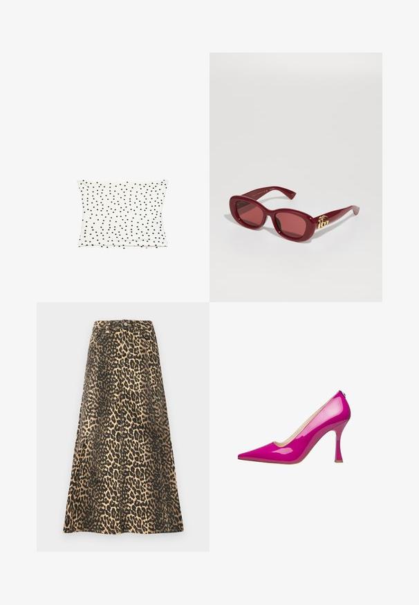 Weißer Baumwollkissenbezug mit einem verstreuten schwarzen Punktmuster, glatter Textur und rechteckiger Form.; Leopardmuster-Midirock in Beige und Schwarz, aus einem robusten Stoff gefertigt. Mit einer taillierten Taille mit Knöpfen und einer ausgestellten Silhouette.; Rosa lackleder High Heel Schuh mit spitzer Zehenpartie und schlankem Stiletto-Absatz. Glatte Textur mit glänzendem Finish.; Rote Plastiksonnenbrille mit rechteckigen Rahmen, getönten Gläsern und einer goldenen Logo-Akzentuierung an den Bügeln. Glatte, glänzende Oberfläche.; Dunkelblaues Denim-Schultertasche mit geschwungenem Oberteil, silbernem Metallzubehör, markantem Schnallendetail und mit Nieten versehenen Trägerakzenten. Sichtbares, mit Reißverschluss versehenes Fach.