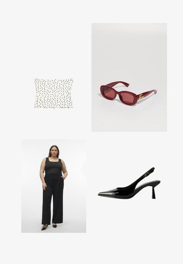 Biała bawełniana poszewka na poduszkę z rozproszonym wzorem czarnych kropek, o gładkiej fakturze i prostokątnym kształcie.; Czarny top na ramiączkach zestawiony z szerokimi czarnymi spodniami z guzikami. Ubranie ma gładką fakturę i nowoczesną, dopasowaną sylwetkę.; Czarne lakierowane pantofle na obcasie typu slingback z ostrym noskiem, wyciętymi bokami, regulowanym paskiem na kostce i cienkim, smukłym obcasem.; Czerwone plastikowe okulary przeciwsłoneczne o prostokątnych oprawkach, przyciemnionych soczewkach i złotym akcentem logo na zausznikach. Gładkie, błyszczące wykończenie.; Czarny naszyjnik-choker z kwiatów, wykonany z warstwowych płatków, noszony z czarnym, prążkowanym topem na ramiączkach z srebrnymi akcentami przy dekolcie i ramionach.