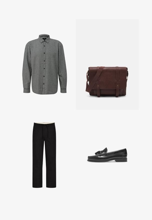 Schwarz-weiße karierte Langarmbluse mit Knopfleiste, mittelgroßem Kragen und gewebter Textur. Verfügt über schwarze Knöpfe und einen lässigen Schnitt.; Schwarze, gerade geschnittene Hosen mit elastischem Bund, Kordelzug und unauffälligem Design. Weicher Stofftextur. Keine sichtbaren Muster oder Akzente.; Schwarze Lederloafer mit abgerundeter Spitze, dekorativer Quaste und Stichdetails. Flache Sohle und glänzende Oberfläche. Seitenansicht.; Braune Leder-Umhängetasche mit einer flachen Vorderklappe, zwei Riemen, goldenen Hardware-Akzenten und einem verstellbaren Schultergurt.