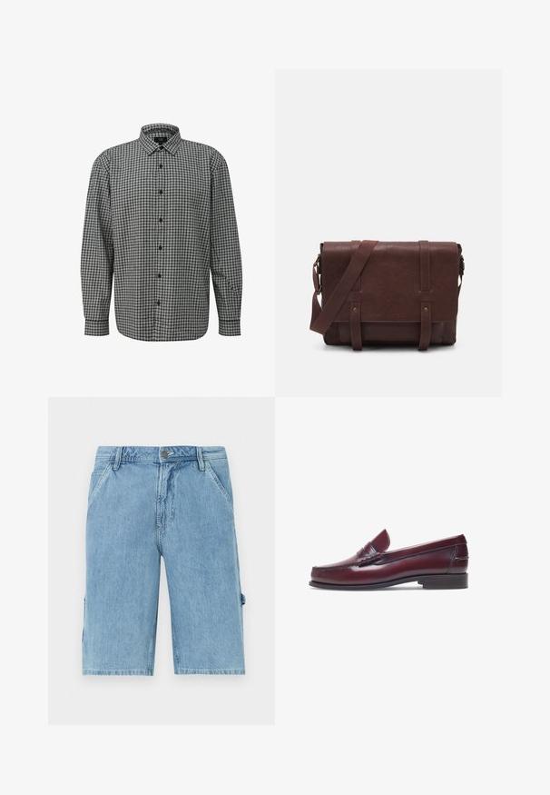 Chemise à manches longues à carreaux noir et blanc avec un devant boutonné, col moyen et texture tissée. Comprend des boutons noirs et une coupe décontractée.; Shorts en denim bleu clair à coupe droite, dotés de poches avant et d'une poche cargo sur le côté, présentant une texture décolorée et des passants de ceinture à la taille.; Mocassin en cuir bordeaux avec un bout arrondi, des détails cousus et un petit accent décoratif sur le devant. Semelle plate contrastante.; Sac en cuir marron de style messager avec un rabat plat à l'avant, deux sangles, des accents en métal doré et une bandoulière adjustable.