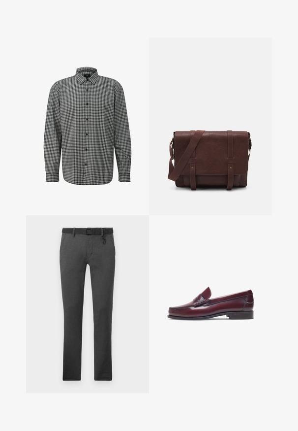Camicia a maniche lunghe a scacchi in bianco e nero con chiusura a bottoni, colletto medio e texture intrecciata. Presenta bottoni neri e una vestibilità comoda.; Pantaloni grigio scuro realizzati in tessuto texturizzato, dotati di una cintura nera, passanti per cintura e due tasche laterali. Design a gamba dritta, senza motivi visibili.; Mocassino in pelle bordeaux con punta tonda, dettagli cuciti e un piccolo accentu decorativo sulla tomaia. Suola piatta in contrasto.; Borsa a tracolla in pelle marrone con un davanti piatto, due cinghie, dettagli in metallo dorato e una tracolla regolabile.
