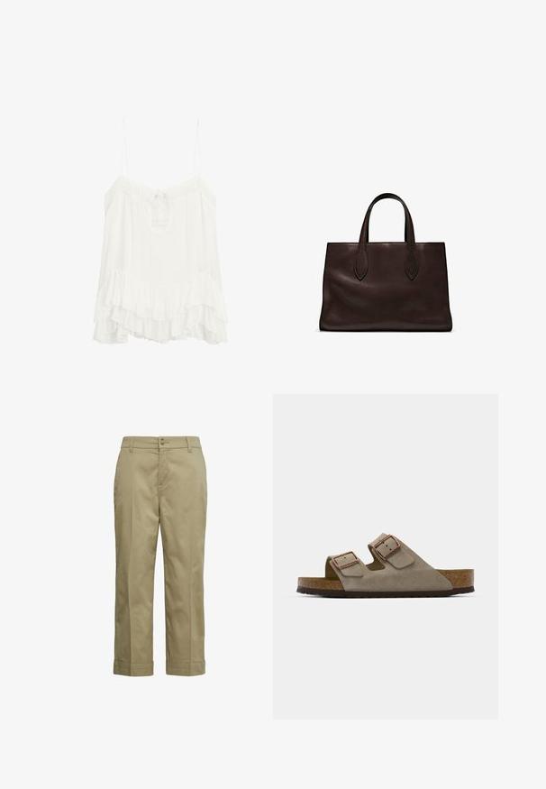 Blouse sans manches blanche en tissu léger, dotée d'un col en V avec un lien et d'un ourlet à volants superposés. Bretelles réglables.; Pantalons kaki en coton léger, avec une coupe droite, une fermeture boutonnée et des manches repliées. Texture lisse avec un minimum de détails.; Sandale à glissière en suède de couleur gris clair, dotée de deux boucles réglables, d'une semelle intermédiaire en liège et d'une semelle extérieure en caoutchouc texturé.; Sac tote en cuir marron avec deux poignées allongées, forme rectangulaire structurée, texture lisse et détails de couture subtils.; Boucles d'oreilles en argent avec une rangée de pierres claires et un pendentif en cristal rond suspendu à chacune. Métal poli, design épuré.
