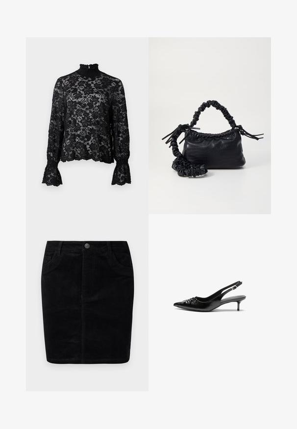 Top in pizzo nero con collo alto, maniche lunghe e polsini svasati. Presenta un motivo floreale e una finitura testurizzata. Leggero e semi-trasparente.; Gonna in corduroy nera caratterizzata da un taglio dritto, chiusura con bottoni, tasche frontali, texture a righe e finitura opaca.; Tacchi slingback in pelle nera con punta affusolata, piccolo tacco kitten e un dettaglio a nodo decorativo sulla parte anteriore. Texture liscia su tutta la superficie.; Borsa a tracolla in ecopelle nera con texture a coccodrillo, apertura cinchata e tracolla arricciata. Si presenta con un design morbido e compatto.