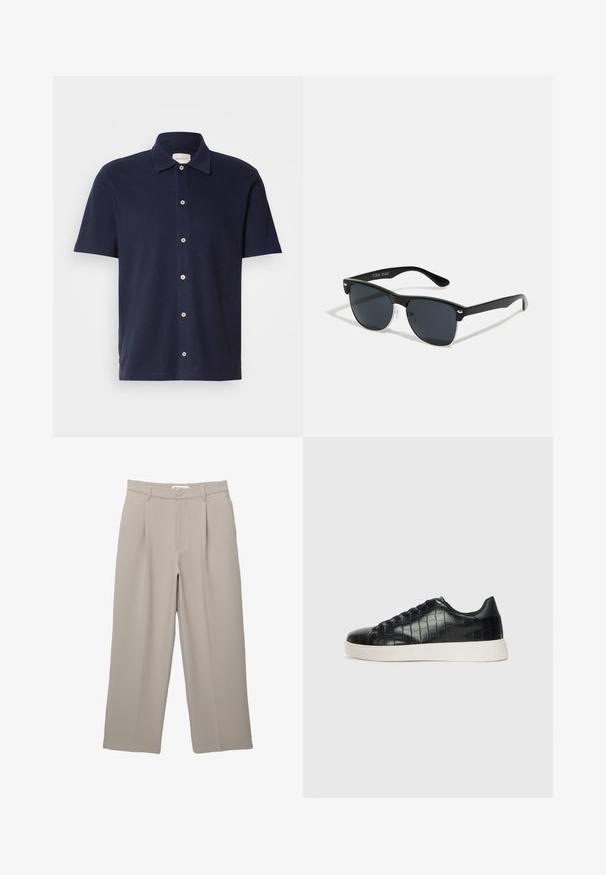 Temno modra kratka polo majica s klasičnim ovratnikom, ki ima gumbno zapiranje in majhen, izvezen logotip na prsih.; PULL&BEAR DARTED - Hlače - taupe; Črne športne copate z zgornjim delom iz teksturirane usnjene tkanine s kroko, zaobljenim nosom in kontrastnim belim gumijastim podplatom z gladko površino.; Črne sončne naočare pravokotne oblike, temna leča, srebrni detajli na ušesih in mat površina na okvirju.