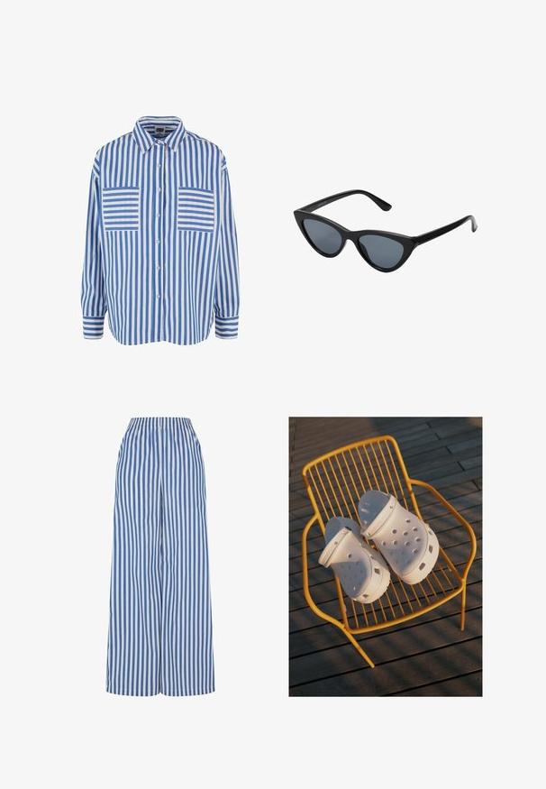 Blue and white striped shirt with a button front, long sleeves, and two chest pockets featuring horizontal stripes. Cotton material, relaxed fit.; Wide-leg trousers in blue and white vertical stripes, featuring an elastic waistband and lightweight fabric for comfort and breathability.; White Crocs clogs feature a perforated design, flat soles, and adjustable heel straps, resting on a yellow wire chair against wooden flooring.; Black cat-eye sunglasses with dark gray lenses, sleek plastic frame, pointed corners, and straight temples. No visible hardware or accents.