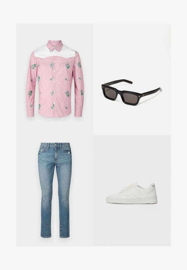 Rózsaszín és fehér hosszú ujjú ing. Virágmintás hímzéssel és fehér nyakkal rendelkezik. Könnyű anyagból készült, cipzáros elülső résszel.; Világoskék farmernadrág, egyenes szabású, öt zsebes dizájnnal, finom kopással a combokon. Közönséges derékkal és gombos záródással rendelkezik.; Fehér bőr sportcipő sima felülettel, kerek orral, lapos fűzőkkel és texturált talppal. Finom logó található a sarokon.; Fekete téglalap alakú napszemüveg sötét lencsékkel, vastag műanyag keret, arany díszítések a szárakon, és a márka logója gravírozva a szára.
