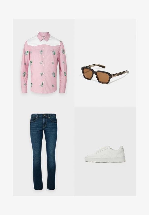 Long-sleeve shirt in pink and white. Features floral embroidery and a white yoke. Made of a lightweight fabric with a button-up front.; Dark blue denim jeans with a classic straight-leg fit, five-pocket design, and sturdy metal button closure at the waist.; White leather sneaker with a smooth finish, round toe, flat laces, and a textured sole. Features a subtle logo on the heel.; Plastic sunglasses with a tortoiseshell pattern, octagonal brown lenses, and thin gold hardware accents on the frame.