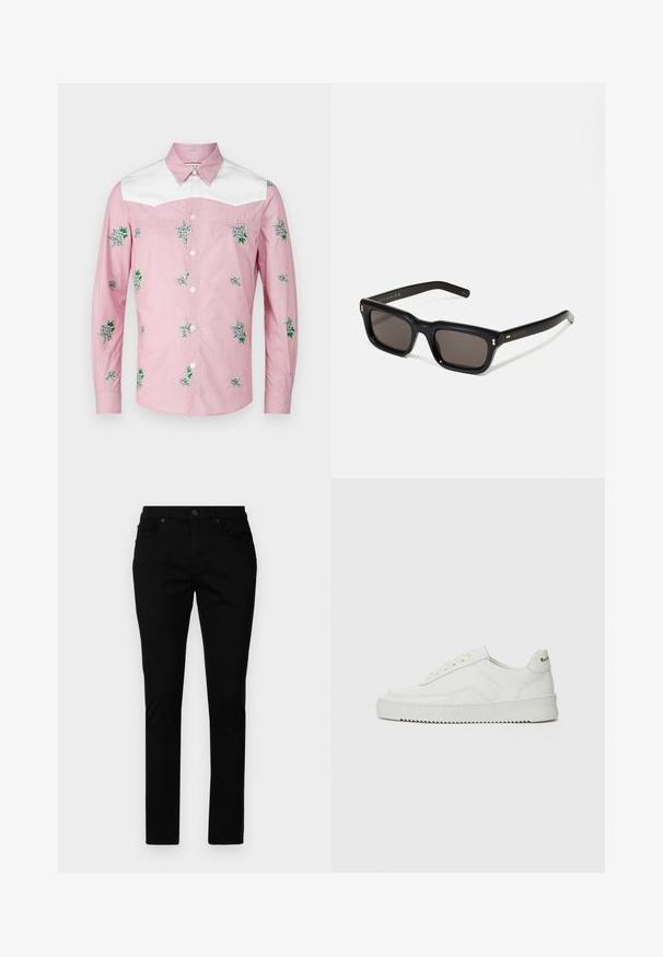Langarmhemd in Pink und Weiß. Mit floralem Stickerei und einer weißen Passe. Hergestellt aus einem leichten Stoff mit durchgehender Knopfleiste.; Schwarze Denim-Jeans im Slim-Fit-Schnitt mit einem klassischen Fünf-Taschen-Design, Knopfverschluss und minimalen Nähdetails.; Weiße Ledersneaker mit glatter Oberfläche, runder Zehenpartie, flachen Schnürsenkeln und strukturiertem Sohlenprofil. Mit einem dezenten Logo an der Ferse.; Schwarze rechteckige Sonnenbrille mit dunklen Gläsern, dickem Kunststoffrahmen, goldenen Akzenten an den Bügeln und eingraviertem Markenlogo am Arm.
