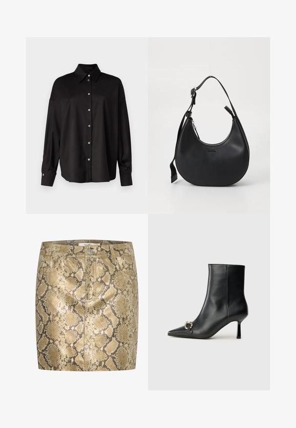 DRYKORN LYSILA - Chemisier - black; Mini-jupe imprimée serpent avec un éclat métallique dans des teintes de doré et de beige. Comprend une fermeture à bouton et des poches avant. Surface texturée.; Bottine en cuir noir avec un bout pointu, un talon moyen fin et un détail de boucle en argent sur le côté, se détachant sur un fond uni.; Sac à épaule en cuir noir avec une forme arrondie, fermeture à glissière et bandoulière réglable. Présente un logo de marque en relief sur le devant.