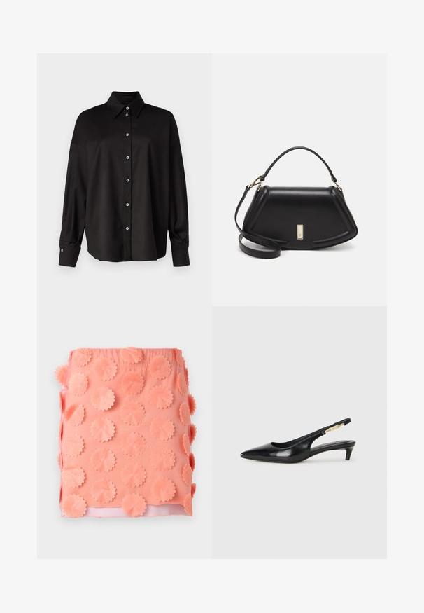 DRYKORN LYSILA - Hemdbluse - black; Korallenfarbener Rock mit strukturierter Oberfläche und runden Stoffapplikationen. Elastischer Bund und glattes Innenfutter.; Schwarze Leder-Slingback-Pumps mit spitzem Schuhblatt, ausgestattet mit einem schlanken Absatz und einem goldfarbigen Akzent am verstellbaren Riemen. Glatte Textur.; Schwarze Lederhandtasche mit einem strukturierten Design, das eine verkürzte Form, einen oberen Griff und goldfarbene Hardware-Details aufweist. Verstellbarer Schulterriemen ist enthalten.