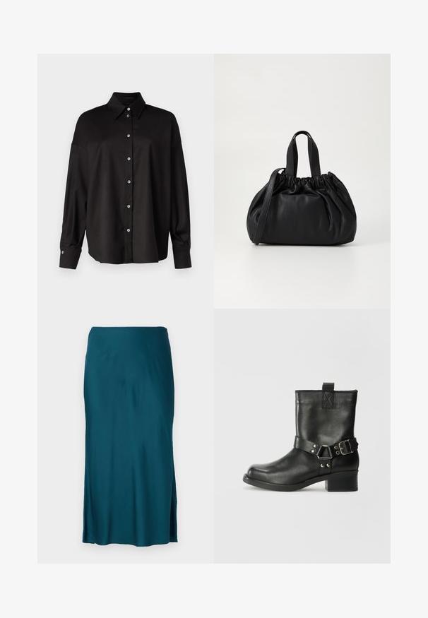 DRYKORN LYSILA - Košilová halenka - black; Tyrkysová saténová midi sukně s rovnou siluetou, bočními rozparky a hladkým povrchem; navržena pro pohodlné nošení.; Samsøe Samsøe SABRENTA - Kovbojské/motorkářské kotníkové boty - black; Černá kožená kabelka s designem staženého vršku, která má dvě krátké ucha a dlouhý nastavitelný popruh. Hladký povrch, zaoblený tvar.