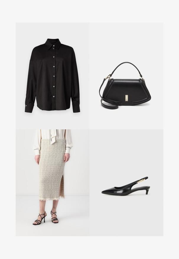 DRYKORN LYSILA - Cămașă - black; Fustă tricotată texturată bej, cu o fanta laterală și un tiv desfăcut. Asortată cu sandale negre cu toc înalt și curele. Prezentată sub o bluză albă.; Sandale slingback din piele neagră cu vârf ascuțit, având un toc subțire și un accent de culoare aurie pe curea ajustabilă. Textură netedă.; Geantă de umăr din piele neagră, cu un design structurat, având o formă tăiată, mânere superioare și accente din aur. Include o curea de umăr ajustabilă.