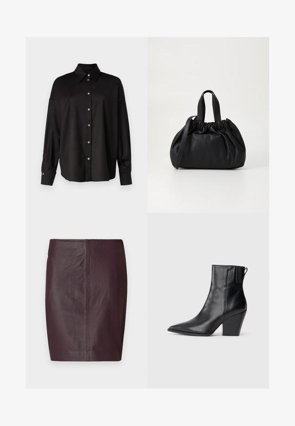 DRYKORN LYSILA - Košilová halenka - black; Tmavě burgundská kožená sukně s hladkou texturou, přiléhavým střihem a rovnou siluetou. Obsahuje minimální švy a žádné viditelné kovové prvky.; Černé kožené kotníkové boty s špičatou špičkou, texturovaným svrškem a robustním vysokým podpatkem. Obsahují boční elastickou část pro snadné obouvání.; Černá kožená kabelka s designem staženého vršku, která má dvě krátké ucha a dlouhý nastavitelný popruh. Hladký povrch, zaoblený tvar.