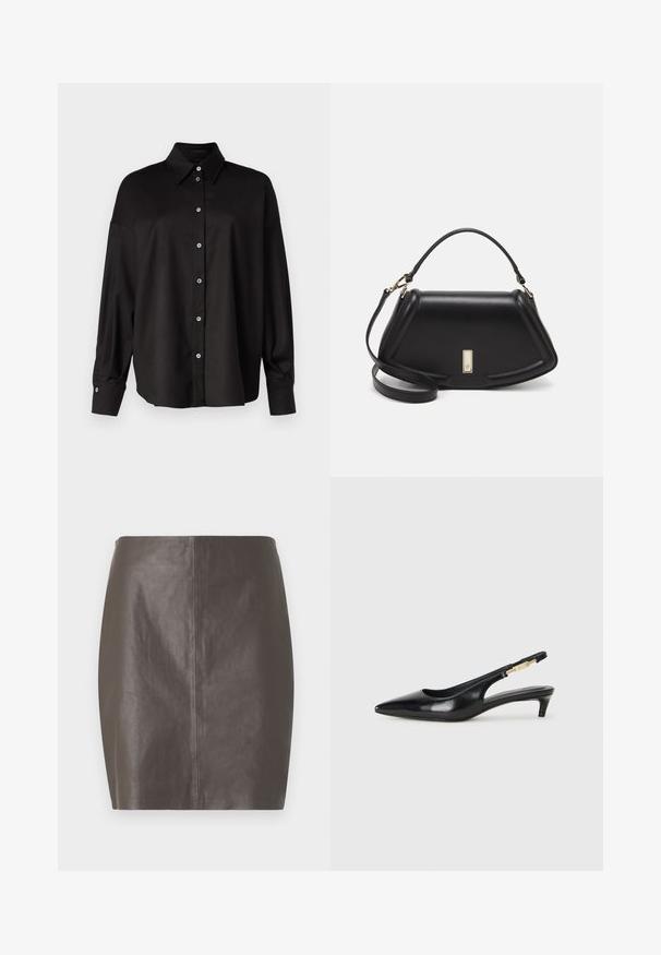DRYKORN LYSILA - Overhemdblouse - black; Hoge taille, pencil-style rok van donkergrijs leer, met een gladde textuur en een minimalistisch ontwerp met een centrale naad aan de achterkant.; Zwarte leren slingback hakken met een spitse neus, voorzien van een slanke hak en een goudkleurige accent op de verstelbare band. Gladde textuur.; Zwarte leren handtas met een gestructureerd ontwerp, featuring een verkorte vorm, bovenhandvat en gouden hardwareaccent. Inclusief verstelbare schouderband.