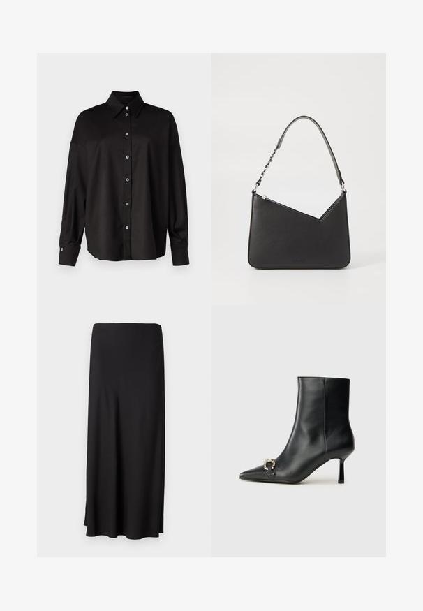 DRYKORN LYSILA - Blusa - black; Falda negra, larga, confeccionada con tejido suave, con corte recto y aberturas laterales para facilitar el movimiento. Diseño simple sin patrones ni acentos.; Botín negro de cuero hasta el tobillo con punta afilada, tacón delgado de altura media y detalle de hebilla plateada en el lateral, sobre un fondo liso.; Bolso de mano de piel negra con forma triangular, una correa delgada y herrajes plateados. Cuenta con un cierre de cremallera y un logo en relieve en la parte frontal.