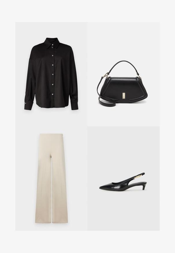 DRYKORN LYSILA - Košilová halenka - black; Béžové kalhoty se širokými nohavicemi vyrobené z měkké látky s hladkou texturou. Mají vysoký elastický pas pro pohodlí a čistý, minimalistický design.; Černé kožené boty na podpatku s otevřenou patou a špičatou špičkou, s tenkým podpatkem a zlatým akcentem na nastavitelném pásku. Hladký povrch.; Černá kožená kabelka se strukturovaným designem, jejíž tvar je zkrácený, má horní rukojeť a zlaté kovové detaily. Součástí je i nastavitelný ramenní popruh.