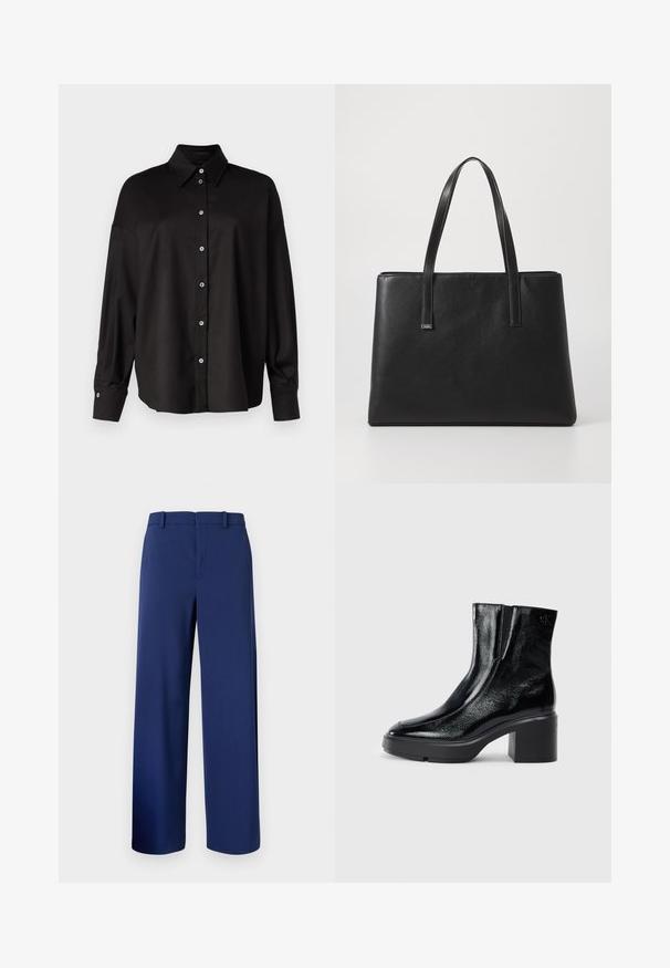DRYKORN LYSILA - Overhemdblouse - black; Marineblauwe op maat gemaakte broek, gemaakt van een zachte stof, met een rechte pijpdesign, riemlussen en een ritssluiting aan de voorkant met haaksluiting.; Zwarte gepatenteerde leren enkellaarsjes met een gebogen neus, elastische zijpanelen en een chunky blokhak. Voorzien van een reliëflogo aan de achterkant.; Zwarte leren tote bag met twee lange handvaten, rechthoekige vorm, gestructureerd oppervlak en minimalistisch ontwerp. Geen zichtbare metalen onderdelen of accenten.