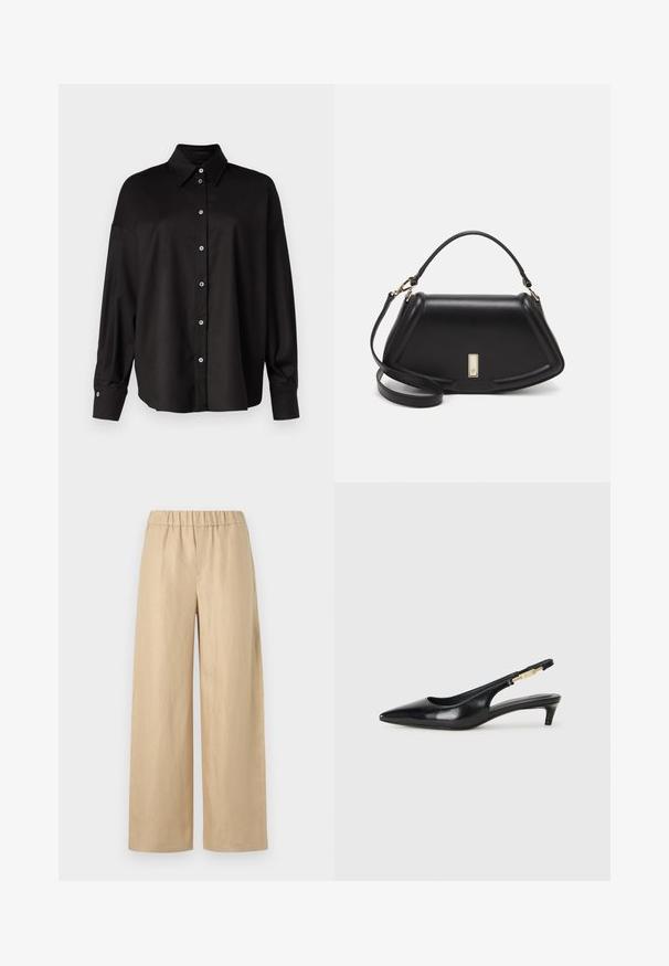 DRYKORN LYSILA - Chemisier - black; Pantalons larges beiges en tissu léger. Dotés d'une taille élastique et d'une texture lisse, sans matériel visible ni motifs.; Talons hauts en cuir noir avec un bout pointu, dotés d'un talon fin et d'un accent en ton or sur la lanière réglable. Texture lisse.; Sac à main en cuir noir avec un design structuré, featuring une forme cropped, une poignée supérieure et des accents en matériel doré. Bandoulière réglable incluse.