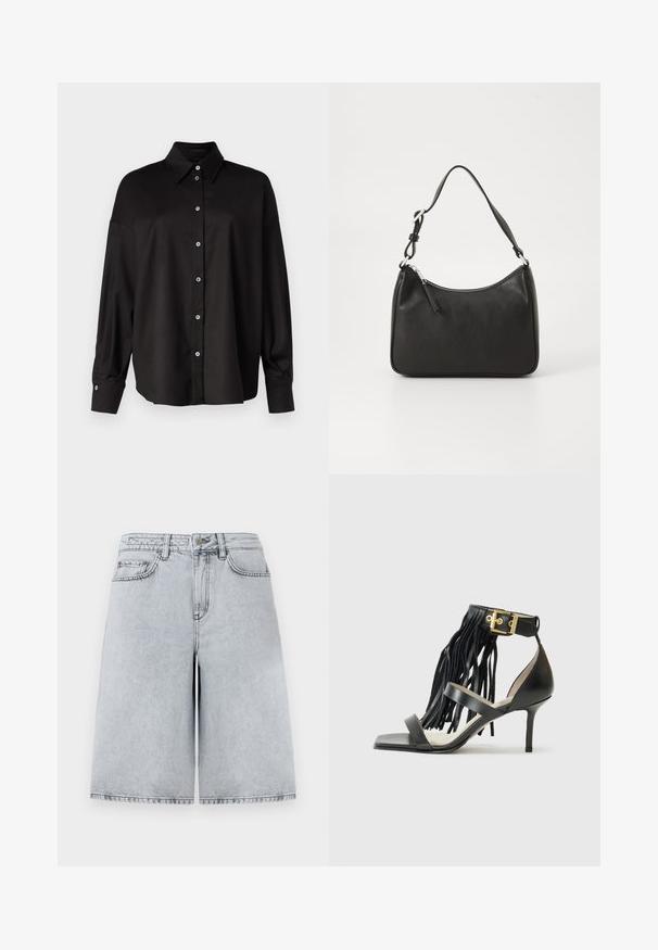 DRYKORN LYSILA - Blusa - black; Pantalones cortos de mezclilla gris claro con un ajuste relajado, que presentan una cintura alta, cinco bolsillos y un corte recto. Detalles de costura limpios y minimalistas.; Sándalo negro de tacón alto con detalles de flecos, correa en el tobillo con herrajes dorados, punta cuadrada plana y dos correas cruzadas en la parte superior.; Bolso de mano de cuero negro con forma curvada, una sola correa, cierre de cremallera y marcas sutiles en la parte frontal. Textura suave, diseño minimalista.