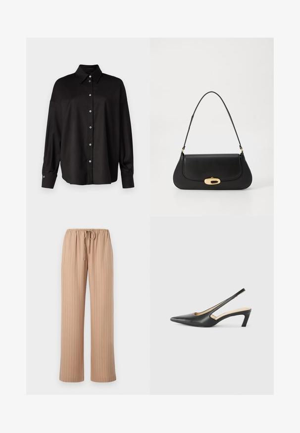 DRYKORN LYSILA - Chemisier - black; Pantalons larges beiges avec une taille à cordon de serrage, ornés de fines rayures blanches verticales, fabriqués dans un tissu lisse et léger.; Slingback noir à bout pointu avec un petit talon, en cuir lisse et doté d'un design découpé sur le côté pour plus de respirabilité.; Sac à main en cuir noir avec un design incurvé, matériel doré et une poignée sur le dessus. Présente une fermeture élégante et une texture lisse.