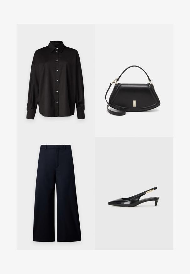 DRYKORN LYSILA czarny; Spodnie z szerokimi nogawkami w ciemnoniebieskim kolorze, wykonane z gładkiego materiału. Posiadają płaski pas, fałdę z przodu oraz brak widocznego okucia lub wzorów.; Czarne skórzane szpilki typu slingback z ostrym noskiem, posiadające smukły obcas i złoty akcent na regulowanym pasku. Gładka tekstura.; Czarna skórzana torebka o strukturalnym designie, z przyciętą formą, górnym uchwytem i złotymi akcentami. W zestawie regulowany pasek na ramię.