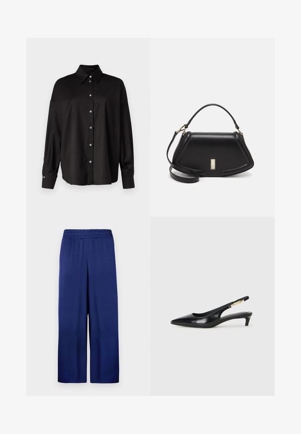 DRYKORN LYSILA - Chemisier - black; Pantalons larges bleu marine avec une taille élastique, fabriqués en tissu lisse, présentant un design simple et fonctionnel sans motifs visibles.; Talons hauts en cuir noir avec un bout pointu, dotés d'un talon fin et d'un accent en ton or sur la lanière réglable. Texture lisse.; Sac à main en cuir noir avec un design structuré, featuring une forme cropped, une poignée supérieure et des accents en matériel doré. Bandoulière réglable incluse.
