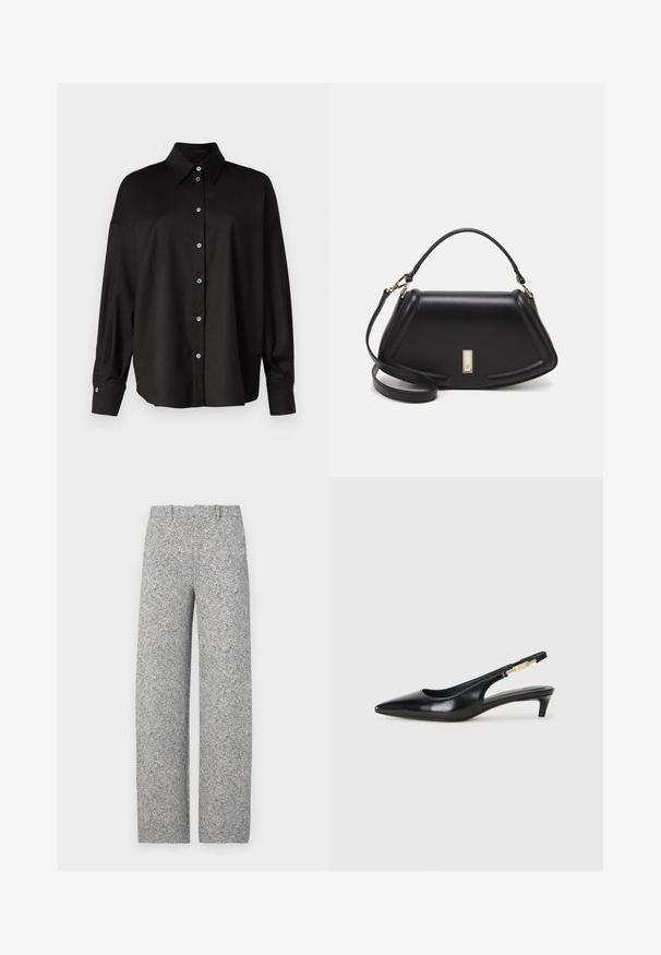 DRYKORN LYSILA czarny; Spodnie w kolorze jasnoszarym, z wełny z dodatkiem, w wzór jodełki, o prostym kroju, z paskiem i szlufkami, bez widocznych kieszeni.; Czarne skórzane szpilki typu slingback z ostrym noskiem, posiadające smukły obcas i złoty akcent na regulowanym pasku. Gładka tekstura.; Czarna skórzana torebka o strukturalnym designie, z przyciętą formą, górnym uchwytem i złotymi akcentami. W zestawie regulowany pasek na ramię.