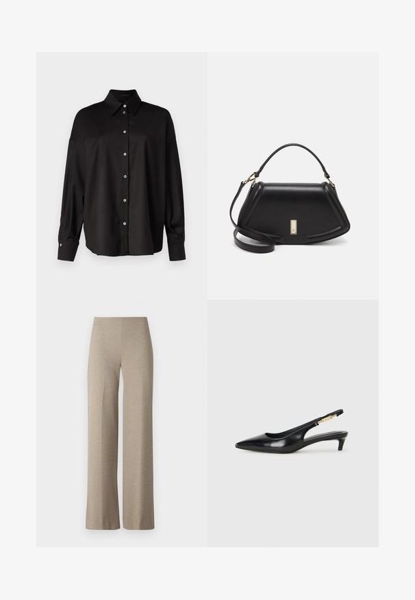 DRYKORN LYSILA - Chemisier - black; Pantalons larges beiges en tissu texturé, dotés d'une taille haute et sans fermetures ni poches visibles. Silhouette lisse et cintrée.; Talons hauts en cuir noir avec un bout pointu, dotés d'un talon fin et d'un accent en ton or sur la lanière réglable. Texture lisse.; Sac à main en cuir noir avec un design structuré, featuring une forme cropped, une poignée supérieure et des accents en matériel doré. Bandoulière réglable incluse.