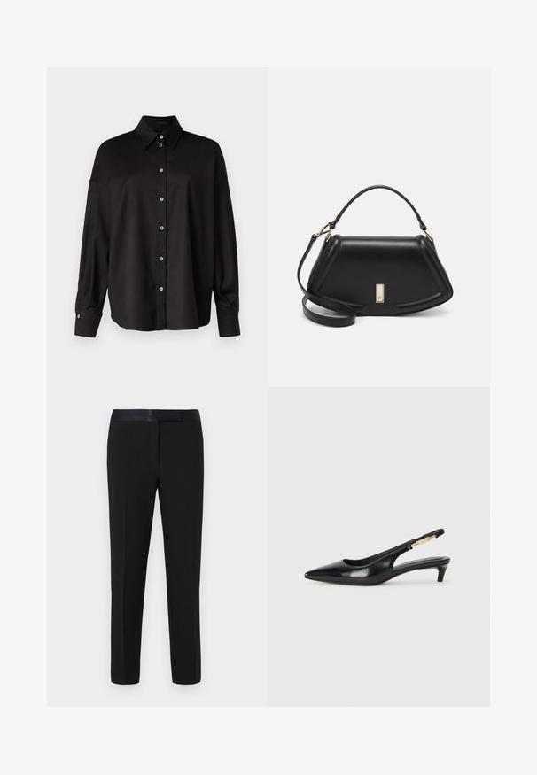 DRYKORN LYSILA - Overhemdblouse - black; Zwarte broek met een gladde textuur, rechte snit en een satijnen tailleband. Heeft minimale details en geen zichtbare patronen of accenten.; Zwarte leren slingback hakken met een spitse neus, voorzien van een slanke hak en een goudkleurige accent op de verstelbare band. Gladde textuur.; Zwarte leren handtas met een gestructureerd ontwerp, featuring een verkorte vorm, bovenhandvat en gouden hardwareaccent. Inclusief verstelbare schouderband.
