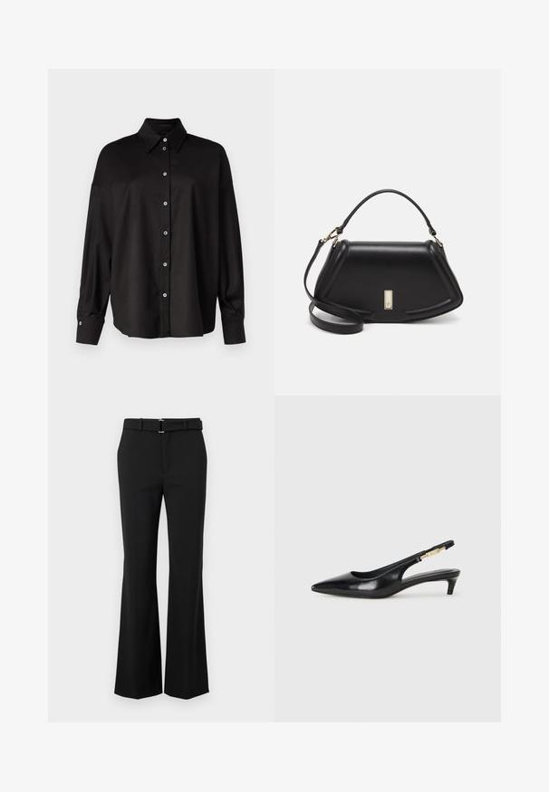 DRYKORN LYSILA - Overhemdblouse - black; Zwarte flared broeken met een gladde textuur, voorzien van een aansluitende taille en een riem met een zilveren gesp. Eenvoudig ontwerp zonder zichtbare patronen.; Zwarte leren slingback hakken met een spitse neus, voorzien van een slanke hak en een goudkleurige accent op de verstelbare band. Gladde textuur.; Zwarte leren handtas met een gestructureerd ontwerp, featuring een verkorte vorm, bovenhandvat en gouden hardwareaccent. Inclusief verstelbare schouderband.