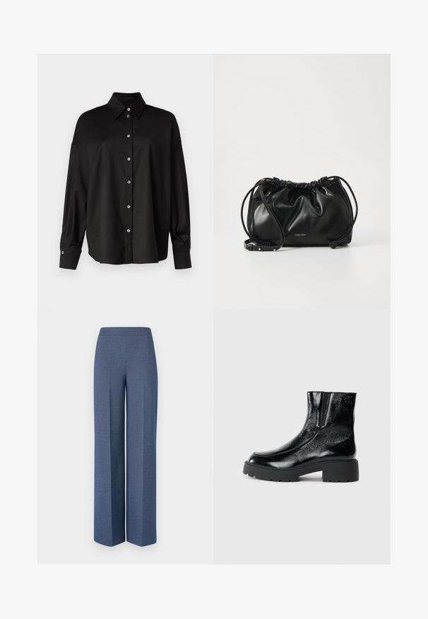 DRYKORN LYSILA - Skjortebluse - black; Bredde bukser i teksturert blåt stoff med en glatt linning og skarpe folder foran, som fremhever et skreddersydd design.; Svarte ankelstøvler med en blank lakkfinish, kraftig svart gummisåle og hevet hæl; inkluderer subtile logo-detaljer på siden.; Svart lærveske med samlet design, dobbel snoråpning og avtagbar skulderrem. Har metallisk logodetalj.