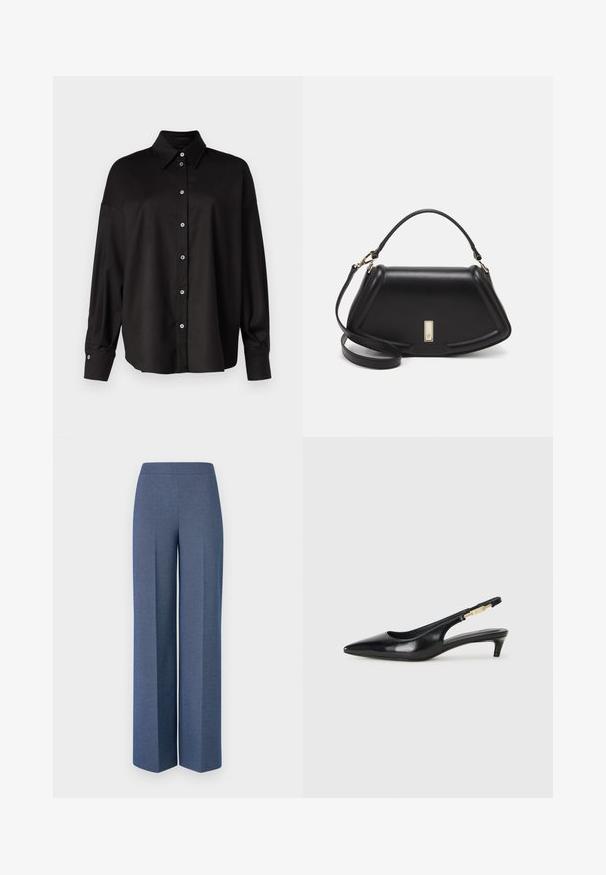 DRYKORN LYSILA - Paitapusero - black; Vaaleat lahkeet sinisessä tekstuurikankaassa, jossa on sileä vyötärö ja terävät laskosteet edessä, korostaen räätälöityä muotoilua.; Mustat nahkaiset slingback-korkokengät, joissa on terävä kärki, ohuet korot ja kultasävytteinen yksityiskohta säädettävässä hihnassa. Silkkinen pinta.; Mustalla nahkalaukulla, jossa on jämäkkä muotoilu, lyhyt malli, yläkahva ja kultaiset yksityiskohdat. Säädettävä olkahihna sisältyy.