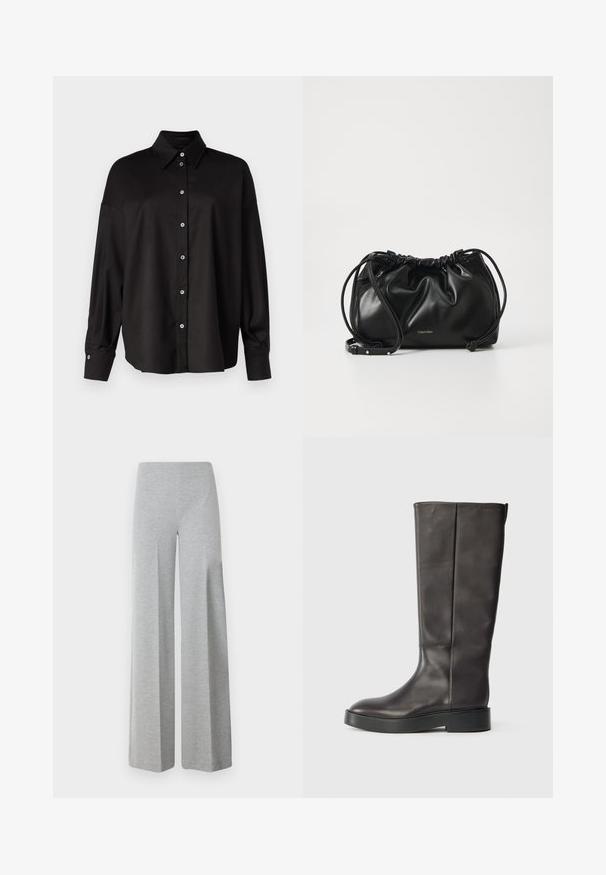 DRYKORN LYSILA - Button-down blouse - black; Gray wide-leg trousers made of soft, stretchy fabric. Features a high waist and a smooth, minimal design without additional details.; Black knee-high leather boot with thick sole and subtle Calvin Klein logo near the top edge, shown from the side.; Black leather handbag with gathered design, dual drawstring closure, and detachable shoulder strap. Features metallic logo detail.