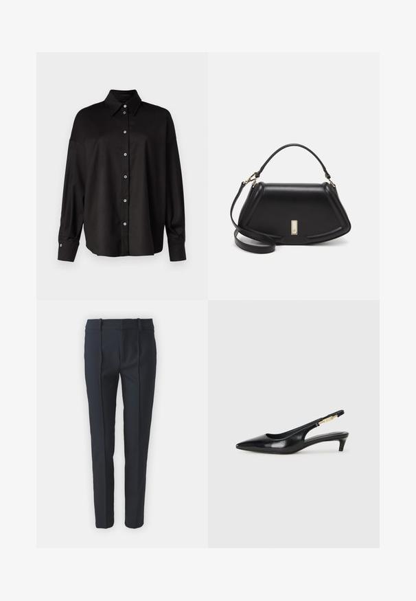 DRYKORN LYSILA - Camicia - black; Pantaloni tailored blu navy con una texture liscia, dotati di pieghe frontali, passanti per cintura e un design a gamba dritta, realizzati in un tessuto leggero.; Tacchi slingback in pelle nera con punta affusolata, caratterizzati da un tacco alto e un accento dorato sulla cinghia regolabile. Texture liscia.; Borsa a mano in pelle nera con un design strutturato, caratterizzata da una forma corta, manico superiore e accessori in metallo dorato. Inclusa tracolla regolabile.