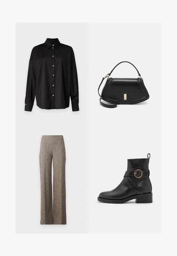 DRYKORN LYSILA - Skjortebluse - black; Videbukser i en struktureret brun stof med et subtilt herringbone-mønster. Elastisk talje for komfort, lige ben design.; BOSS IRYNA BOOTIE - Platåstøvletter - black; Sort lærveske med en strukturert design, som har en avkortet form, topphåndtak og detaljer i gull. Justerbar skulderstropp inkludert.