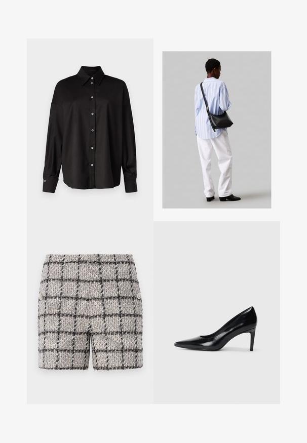 DRYKORN LYSILA - Skjortebluser - black; Tweed shorts i en neutral farve med et sort-hvidt ternet mønster. Har dekorative knapper foran. Struktureret stof.; Sort læder højhælede sko med spids tå, glat tekstur og en taperet hæl. Minimalistisk design uden yderligere udsmykninger.; Sort læder skuldertaske med en blød tekstur, trekantet form og justerbar strop, kombineret med en lyseblå stribet skjorte og hvide bukser.