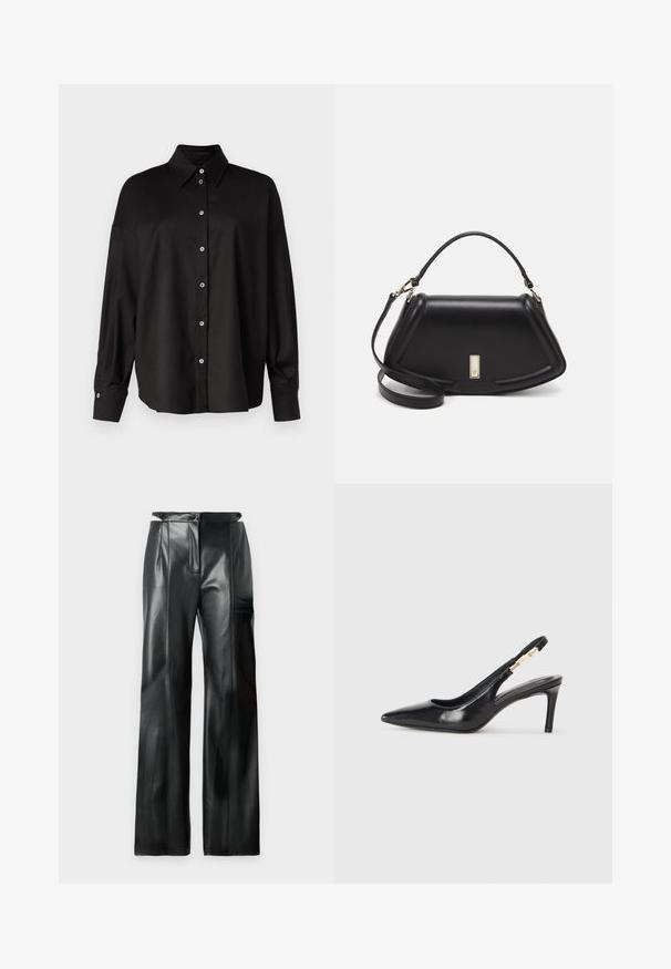 DRYKORN LYSILA - Nööpidega pluus - black; Mustad nahkpüksid kõrge vöökoha, laia säärega, vertikaalsete õmblustega ja siledast tekstuurist. Omab lukuga fronti ja vöökoharihmade silmuseid.; Must musta slingback kõrge kontsaga king, millel on terav nina, sile tekstuur ja kitsas pahkluu rihm, millel on kuldsete detailidega aksessuaarid.; Must mustrist käekott, millel on struktureeritud disain, lühendatud kuju, ülemine käepide ja kuldne metallist detail. Reguleeritav õlalihm on kaasas.
