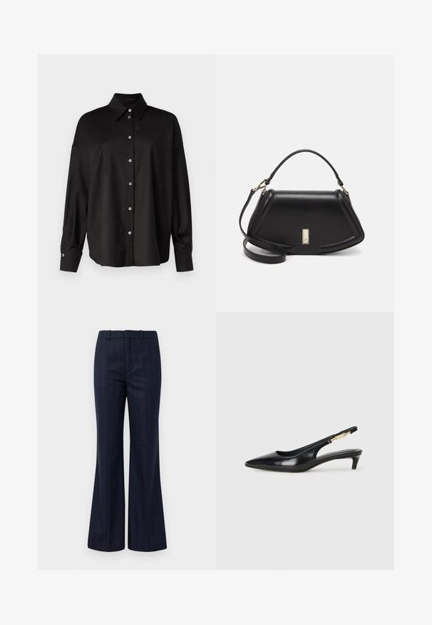 DRYKORN LYSILA - Skjortebluse - black; Marine stripete bukser med en bred bunnedesign, laget av et teksturert stoff, med flat front og beltehemper for en tettsittende look.; Sorte lærreim hæler med spiss tå, som har en slank hæl og en gullfarget detalj på den justerbare stroppen. Glatt tekstur.; Sort lærveske med en strukturert design, som har en avkortet form, topphåndtak og detaljer i gull. Justerbar skulderstropp inkludert.