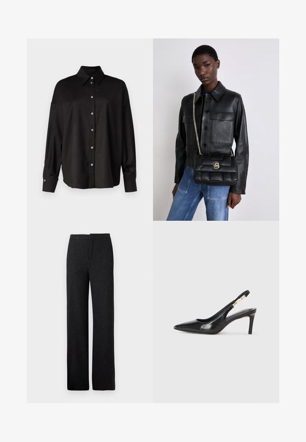 DRYKORN LYSILA - Skjortebluse - black; Svarte pinstripede bukser med rett snitt, med en glatt tekstur og en linning, egnet for formell eller forretningsantrekk.; Sorte skinn slingback høyhælte sko med spiss tå, glatt tekstur og en smal ankelrem med gullhardvareakenter.; Svart skinnjakke med knappelukking og to frontlommer, sammen med en svart kviltet håndveske med gullspenne og kjedehank.