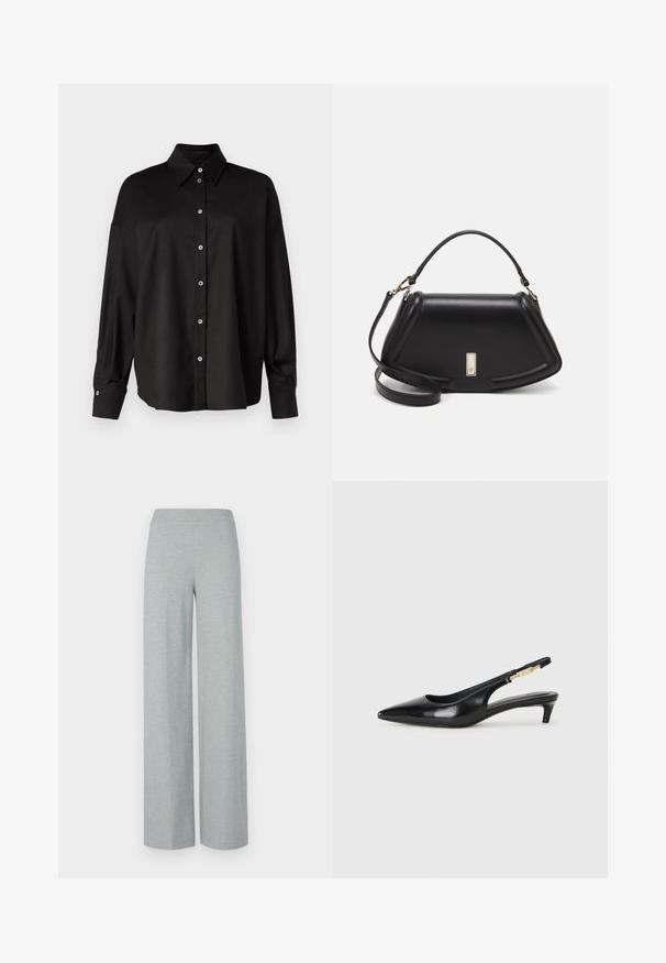 DRYKORN LYSILA - Hemdbluse - black; DRYKORN BEFORE - Stoffhose - grey; Schwarze Leder-Slingback-Pumps mit spitzem Schuhblatt, ausgestattet mit einem schlanken Absatz und einem goldfarbigen Akzent am verstellbaren Riemen. Glatte Textur.; Schwarze Lederhandtasche mit einem strukturierten Design, das eine verkürzte Form, einen oberen Griff und goldfarbene Hardware-Details aufweist. Verstellbarer Schulterriemen ist enthalten.