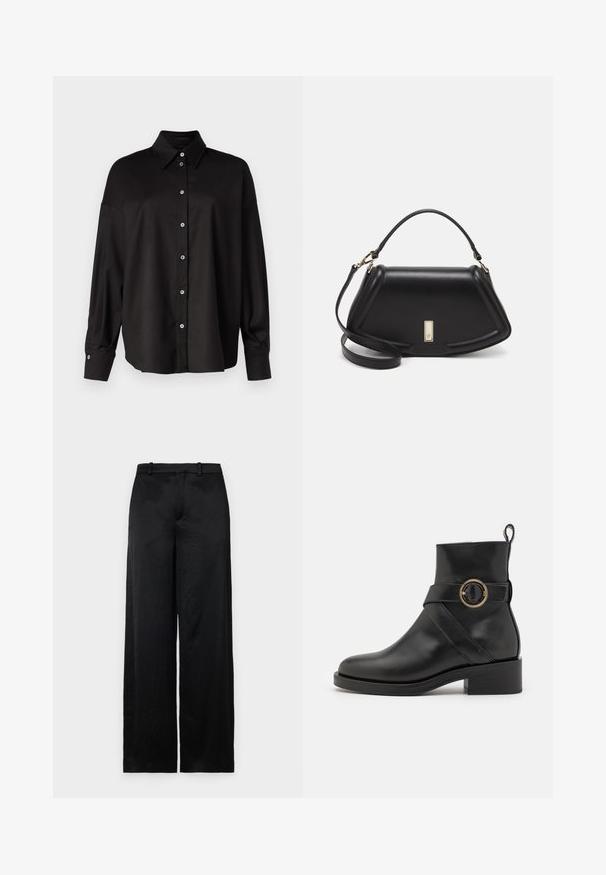 DRYKORN LYSILA - Button-down blouse - black; Black wide-leg trousers made of a lightweight, textured fabric. Features a smooth waistband with belt loops and a straight, flowing silhouette.; BOSS IRYNA BOOTIE - Platform ankle boots - black; Black leather handbag with a structured design, featuring a cropped shape, top handle, and gold hardware accent. Adjustable shoulder strap included.