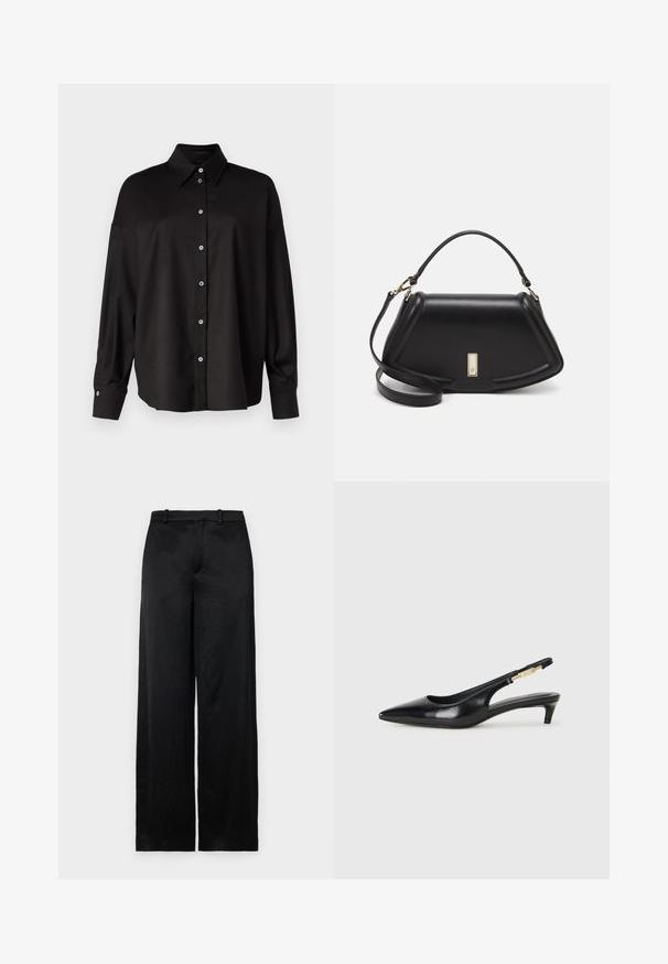 DRYKORN LYSILA - Overhemdblouse - black; Zwarte wijde broek van een lichtgewicht, gestructureerde stof. Bevat een gladde tailleband met riemlussen en een rechte, vloeiende silhouet.; Zwarte leren slingback hakken met een spitse neus, voorzien van een slanke hak en een goudkleurige accent op de verstelbare band. Gladde textuur.; Zwarte leren handtas met een gestructureerd ontwerp, featuring een verkorte vorm, bovenhandvat en gouden hardwareaccent. Inclusief verstelbare schouderband.